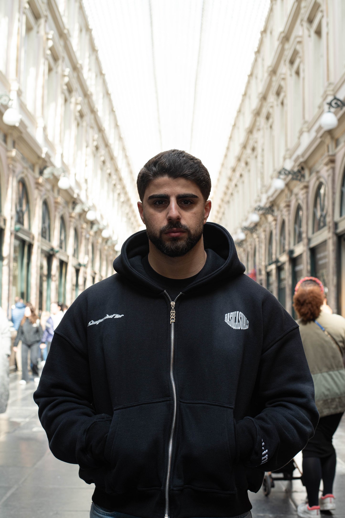 Oversized Cropped Zip-Up Hoodie "SHAPESHIFTERS" "BLACK"