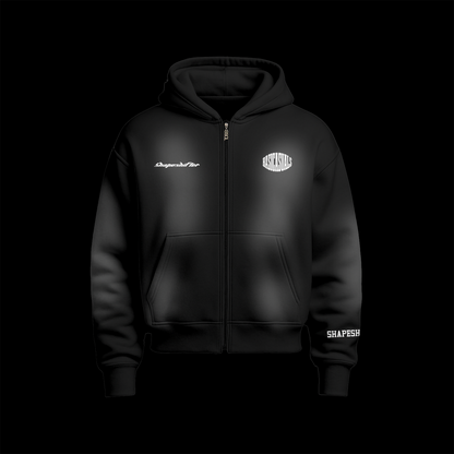 Oversized Cropped Zip-Up Hoodie "SHAPESHIFTERS" "BLACK"